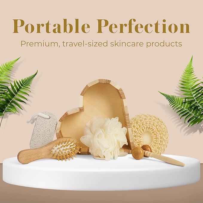 Bella Ciao 6-Piece Body and Skincare Set, Women’s Beauty Travel Basket, Spa Gift Set, Bath Accessories, Includes Face Massage Roller, Hair Brush, Exfoliation Tools, and Decorative Wooden Tray