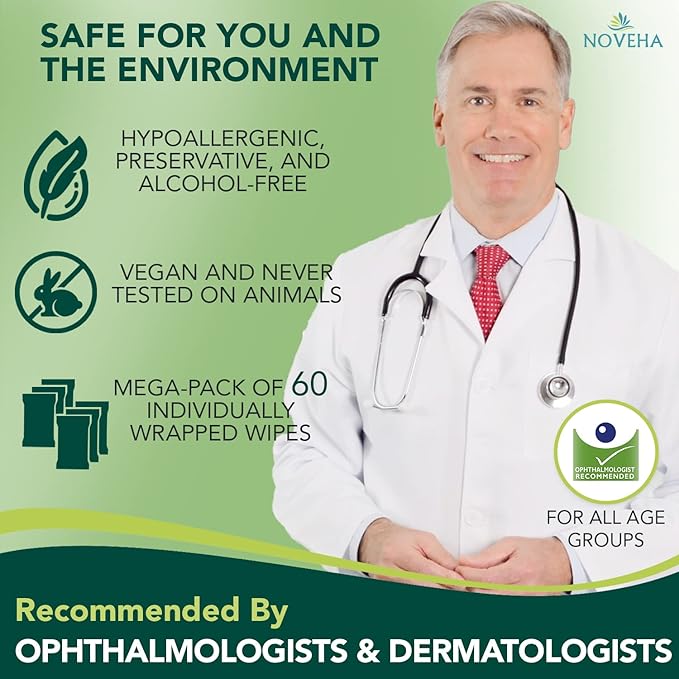 NOVEHA 120Pcs Daily Hygienic Eyelid & Lash Wipes | 120 Individually Wrapped Cleansing Eyelash Wipes - For Blepharitis & Itchy Eyes, Demodex and Natural Makeup Remover & Daily Cleanser (2 Pack)