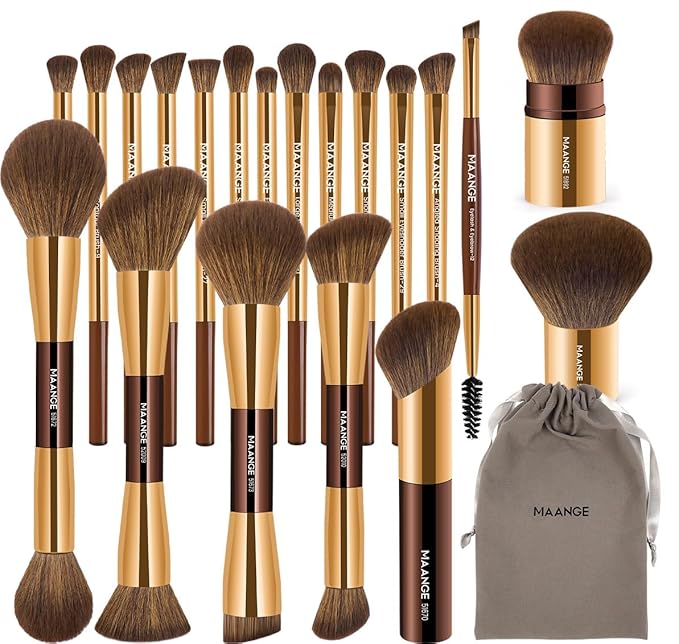 MAANGE 20 PCS Foundation Makeup Brush Set, Double-ended Kabuki Contour Brush for Liquid Powder Concealer Blending Blush Makeup Tools (Coffee Gold)