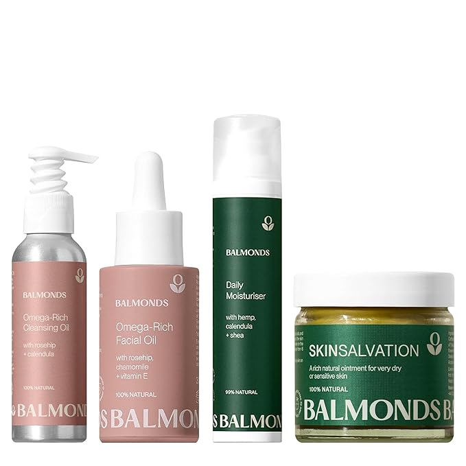 Balmonds Skincare Set – Cleansing Oil, Facial Oil, Moisturizing Cream & Skin Balm – 100% Natural, Fragrance-Free, Vegan & Cruelty-Free – For Dry, Sensitive & All Skin Types – Hydrating & Nourishing
