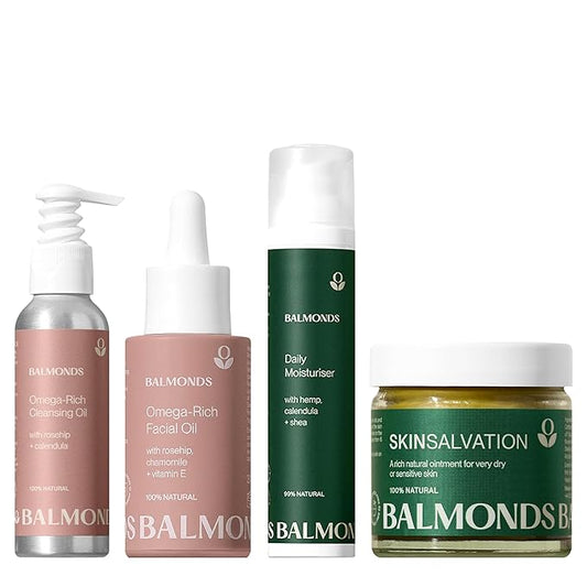 Balmonds Skincare Set – Cleansing Oil, Facial Oil, Moisturizing Cream & Skin Balm – 100% Natural, Fragrance-Free, Vegan & Cruelty-Free – For Dry, Sensitive & All Skin Types – Hydrating & Nourishing
