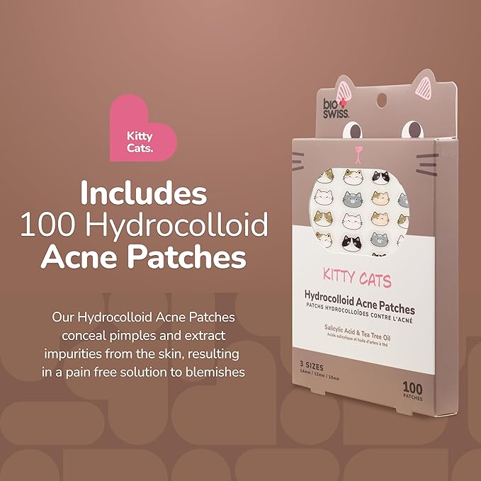 BioSwiss Pimple Patches, Kitty Cats Patch for Zits and Blemishes, Hydrocolloid Spot Stickers for Face and Skin, 100 Count