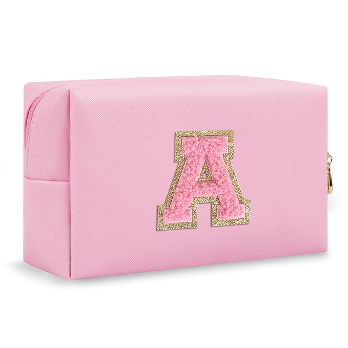 Personalized Initial A-Z Preppy Patch Makeup Bag,Small PU Leather Chenille Letter Cosmetic Bag with Zipper for Teen Girls,Pink Cute Travel Toiletry Bag,Birthday Monogrammed Gift for Daughter,Letter A