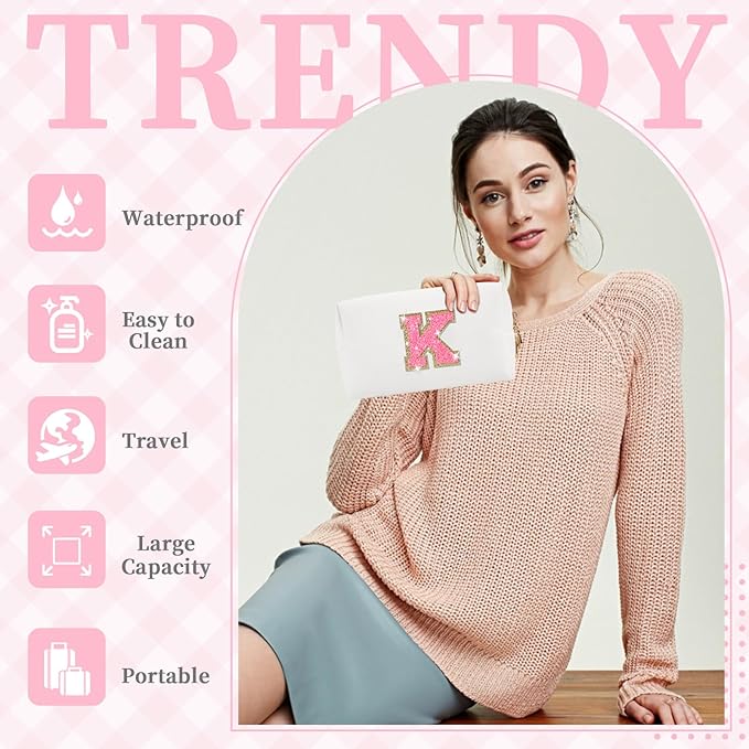 Small Personalized Initial A-Z Patch Makeup Bag,White Cute PU Leather Glitter Letter Cosmetic Bag for Teen Girls,Travel Toiletry Bag with Zipper,Preppy Monogrammed Birthday Gift for Daughter Niece K