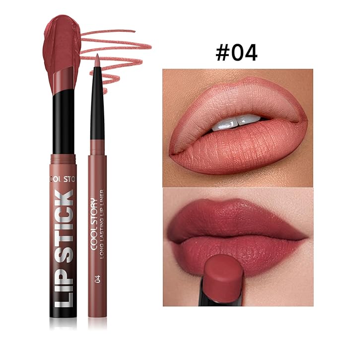 COOL STORY 2 Piece Lip Liner and Lipstick Set, Long Lasting Formula, Professional Makeup Kit (04)
