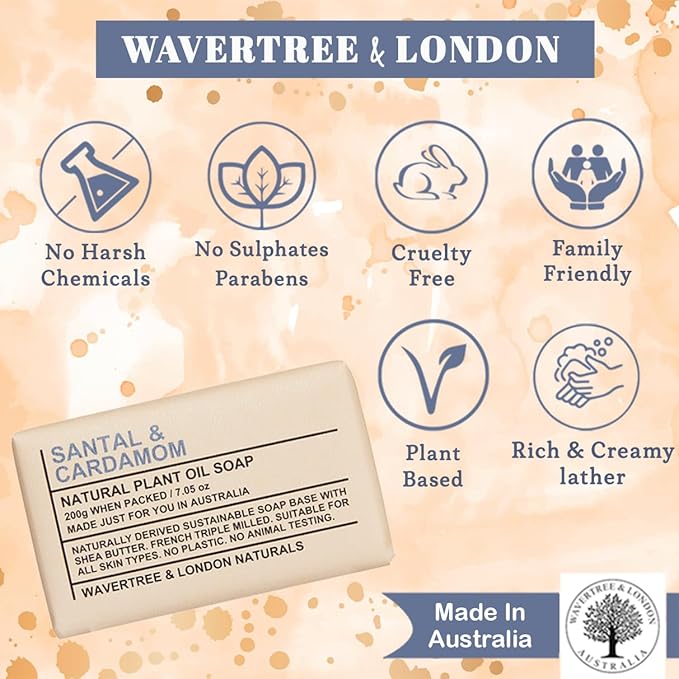 Wavertree & London Santal & Cardamon Scented Natural Soap Bars (2 Bars), 7oz Moisturizing French Triple Milled Soap enriched with shea butter - Plant Oil Bath & Body Soap Bars [100% Naturally derived]