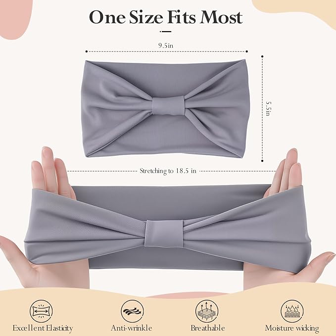 Headbands for Women, Wide Elastic Head Bands, Non-Slip Thick Hair Bands, Sports Stretchy Sweat Bands, Large Knotted Soft Headband for Washing Face, Makeup, Workout, Spa, Two Black/White/Gray