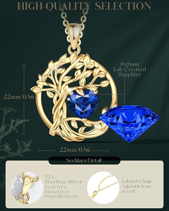 FANCIME Tree of life Birthstone necklace Sterling Silver Pendant Birthstone Necklace Gemstone Anniversary Birthday Jewelry Christmas Gifts for Mom Her Wife