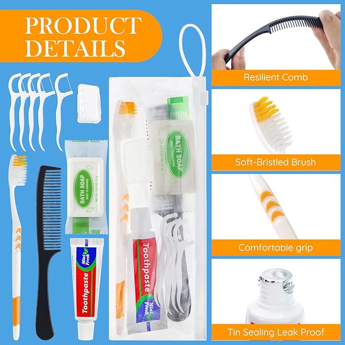 Personal Care Travel Toiletries Sets Bulk - Pack of 5,Disposable Toothbrushes with Toothpaste and Floss,Comb,Soap,Cover,Zip Bag 7-in-1 Travel Size Toiletry Kit for Hotel,Guest,Homeless,Charity,Church