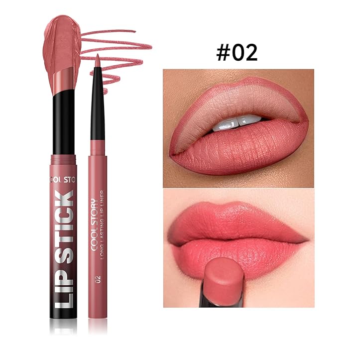COOL STORY 2 Piece Lip Liner and Lipstick Set, Long Lasting Formula, Professional Makeup Kit (02)