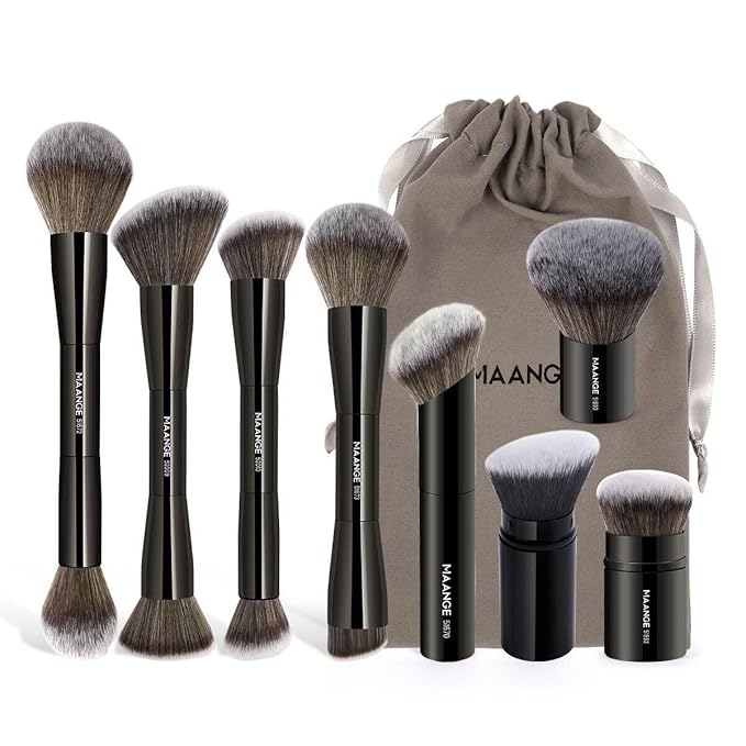 MAANGE 8 Pcs Makeup Brushes with Bag, Double-End Multi-functional Makeup Brushes for Blending Liquid Powder Concealer Cream Blush Buffe, Black