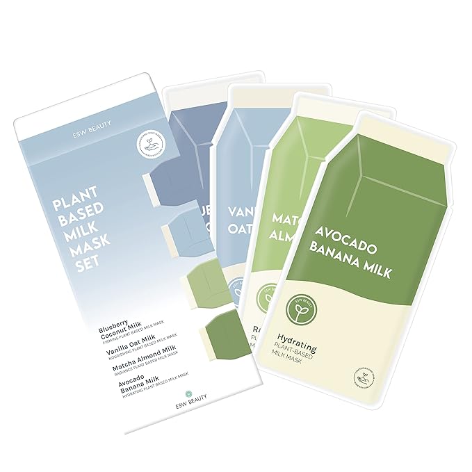 ESW Beauty Plant-Based Milk Face Masks - 4-Pack Skincare Set - Hydrating, Radiance, Firming & Soothing with Avocado, Matcha, Blueberry, Vanilla & Oat Extracts for All Skin Types