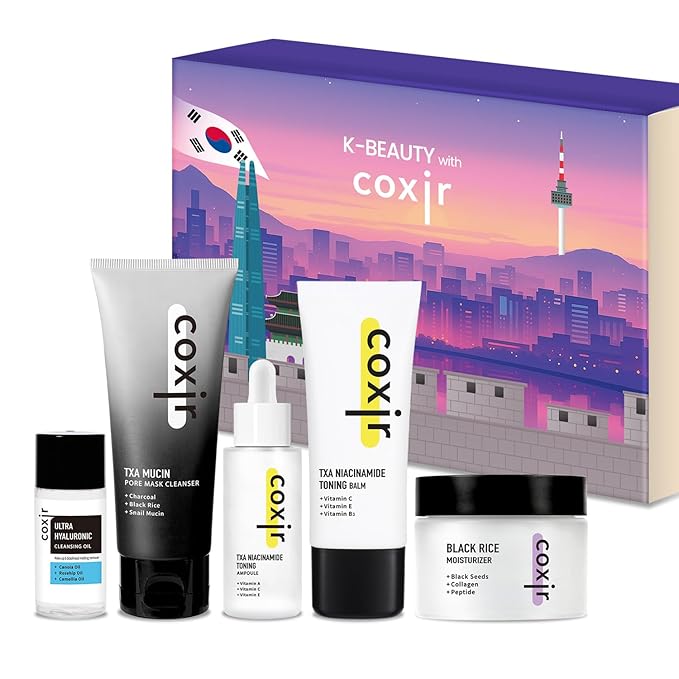 coxir K-Beauty Seoul Glow Set – 5-Step Korean Skincare Routine with TXA & Black Rice – Cleansing oil, Mask Cleanser, Ampoule, Balm & Moisturizer – Deep Hydration, Radiant Glass Skin Gift Set