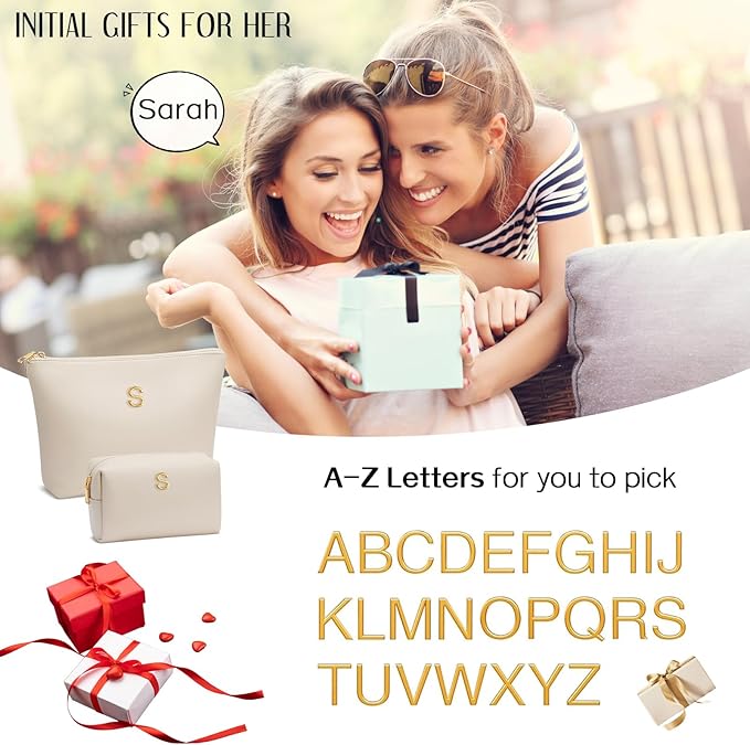 Women Gifts | Initial Makeup Bag Set for Girl Personalized Gifts for Bridesmaid Friend Graduation Teachers PU Leather Cosmetic Travel Toiletry Bag(Beige,Z)