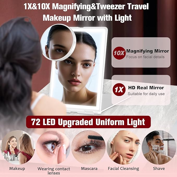 Travel Makeup Mirror with Lights, Rechargeable Portable Folding Compact Mirror Set with Tweezer, Lighted Makeup Mirrors with 72 LED 3 Color Light Modes, Dimmable Touch Screen LED Mirrors