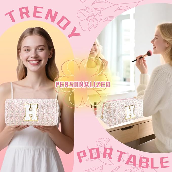 Personalized Quilted Cosmetic Bag, Puffy Monogrammed Christmas Birthday Gifts for Women & Girls, Cute initial Floral Makeup Bag Puffer Coquette Bag, Aesthetic Travel Toiletry Zipper Pouch(Pink,H)