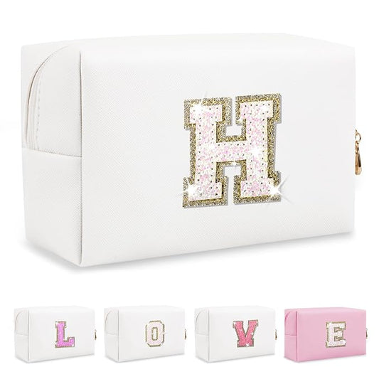 Small Initial Patch Makeup Bag Personalized Gifts Make Up Bag,White Cute PU Leather Glitter Letter Cosmetic Bag with Zipper,Trendy Portable Travel Toiletry Pouch,Preppy Stuff for Teen Girls Women H