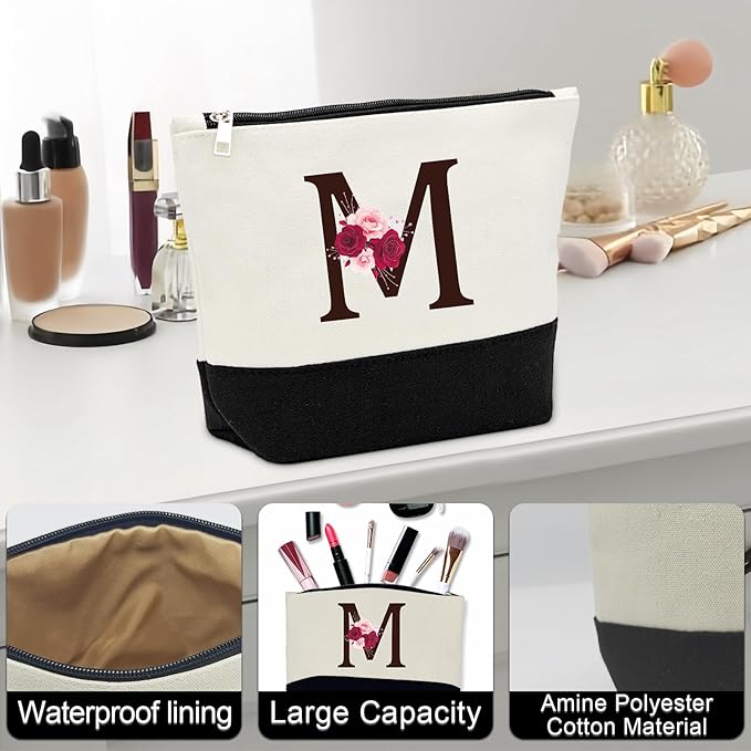 Birthday Gifts for Women,Initial Canvas Tote Bag,Gifts for Women,16oz Initial Glass Cup,Makeup Bag with Zipper,Jewelry Organizer Box,Personalized Gift for Mom-M