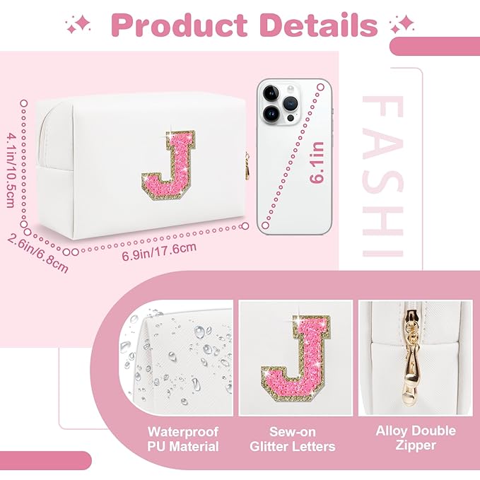 Small Personalized Initial A-Z Patch Makeup Bag,White Cute PU Leather Glitter Letter Cosmetic Bag for Teen Girls,Travel Toiletry Bag with Zipper,Preppy Monogrammed Birthday Gift for Daughter Niece J