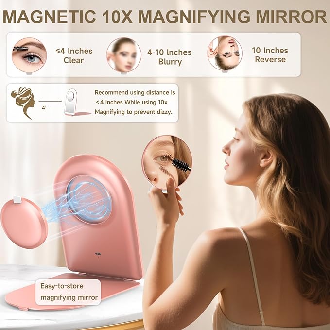Mocado Travel Makeup Mirror with Light, 1x/10x Magnifying Mirror with Light, 3 Colors Lighted Magnifying Mirror, 2000mAh Rechargeable Lighted Makeup Mirror, Memory Function (Arched-Rose Gold)