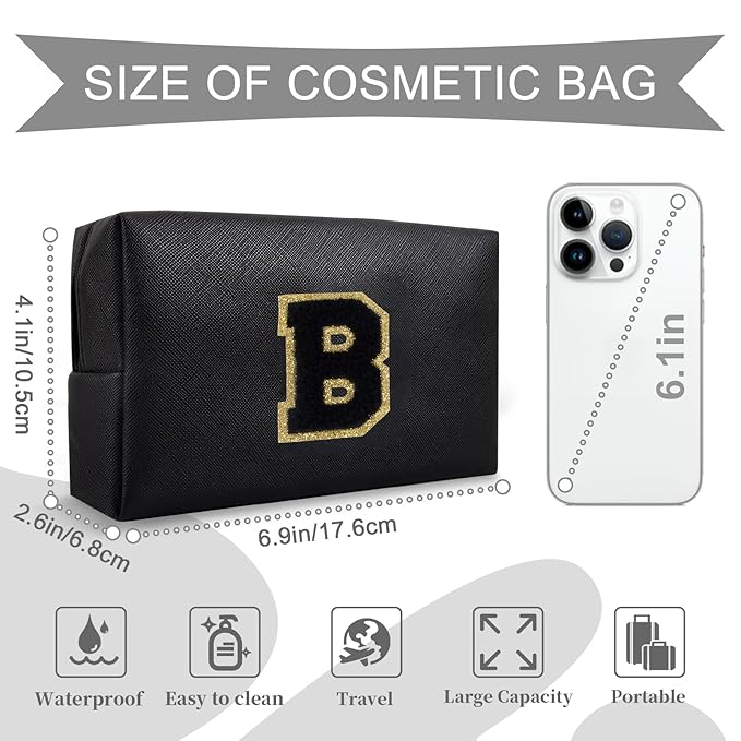 Personalized Initial A-Z Preppy Patch Makeup Bag,Small PU Chenille Letter Cosmetic Bag with Zipper for Teen Girls,Black Cute Toiletry Organizer Bag,Monogram Makeup Case Gift for Women Girls,Letter B