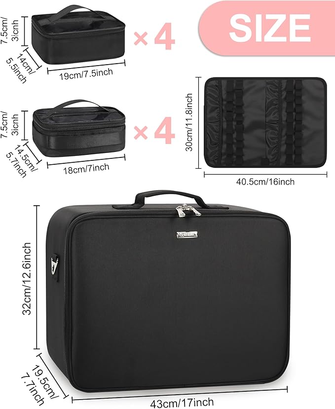 Relavel Extra Large Makeup Case Professional Cosmetic Storage Organizer Box Brush Holder with 8 Clear Set Bags & Lipstick Plate for Makeup Artists with Shoulder Strap & Adjustable Dividers