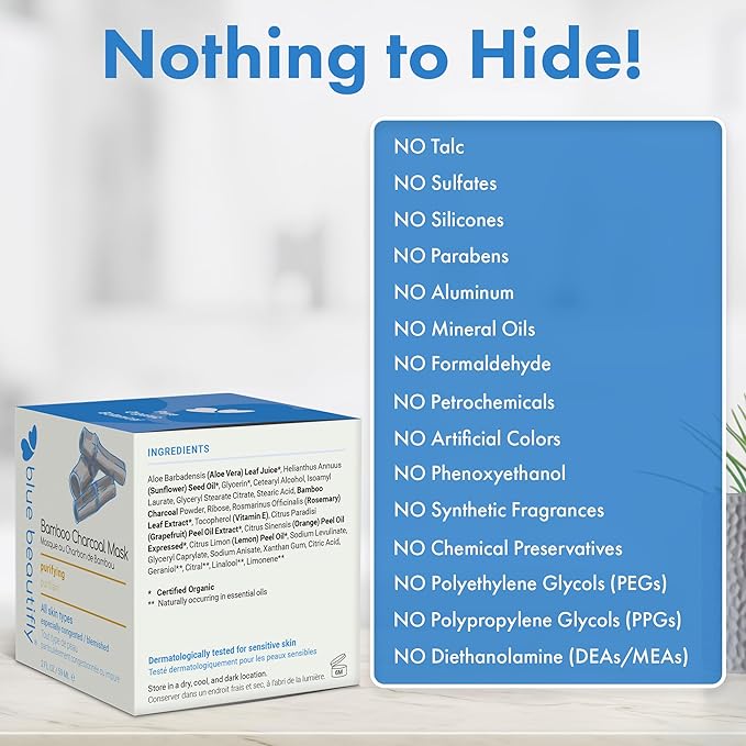 Blue Beautifly Bamboo Activated Charcoal Face Mask - Draws out Excess Oils, Dirt, Toxins, and Impurities - No Synthetic Additives or Fragrances -Combats Acne and Breakouts - 2 fl oz