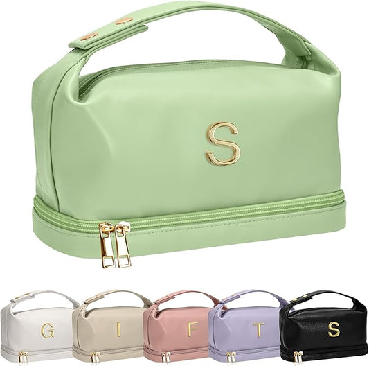 Gifts for Women 30s, Personalized Makeup Bag with Handle, Initial Double Layer Cosmetic Bag with Makeup Brush Organizer, Cute Cosmetic Pouch for Women, Gifts for Friends Female Mom