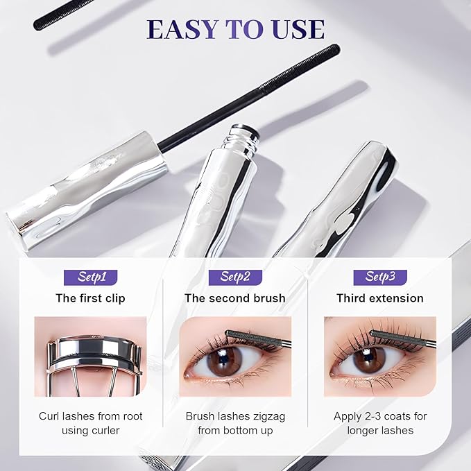 Waterproof Quick Drying Curling Mascara, Upgrade 3D Curling Metal Wands Mascaras Black, Iron Wand Mascaras Metal Mascara Wand No Flaking, No Clumping (A-3Pcs)