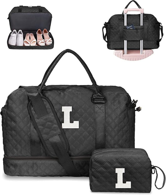 Graduation Gifts for Girls-Initial Duffle Bag with Shoe Compartment, Personalized Weekender Bag, Monogram Overnight Bag, Letter Travel Bag with Makeup Bag, Bride Gifts (Letter L)