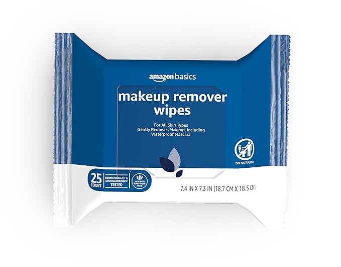 Amazon Basics Makeup Remover Wipes, Gentle Cleansing, Dermatologist Tested, Original, Plant Based, Alcohol Free, Removes Waterproof Mascara, 25 Count Per Pack, Pack of 1 (Previously Solimo)