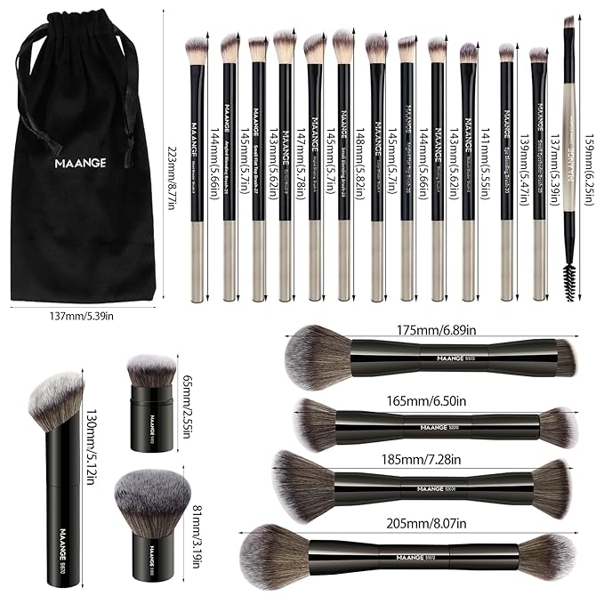 MAANGE 20 PCS Foundation Makeup Brush Set, Double-ended Kabuki Contour Brush for Liquid Powder Concealer Blending Blush Face Makeup Tools (Black)