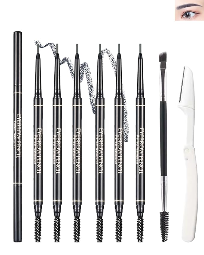 6 Pcs Waterproof Eyebrow Pencil Gray Set,Ultra Fine Professional Eyebrow Retractable Pencil Long Lasting Tinted Micro Brow Pen,Defines,Fills for Perfect&Tiny Brows Women Eye Makeup Gel Pencil-04