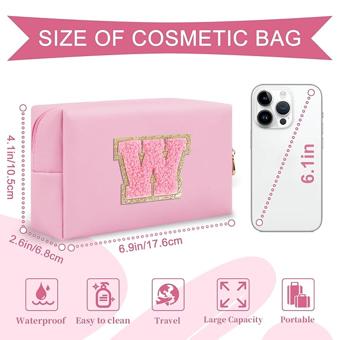 Personalized Initial A-Z Preppy Patch Makeup Bag,Small PU Leather Chenille Letter Cosmetic Bag with Zipper for Teen Girls,Pink Cute Travel Toiletry Bag,Birthday Monogrammed Gift for Daughter,Letter W