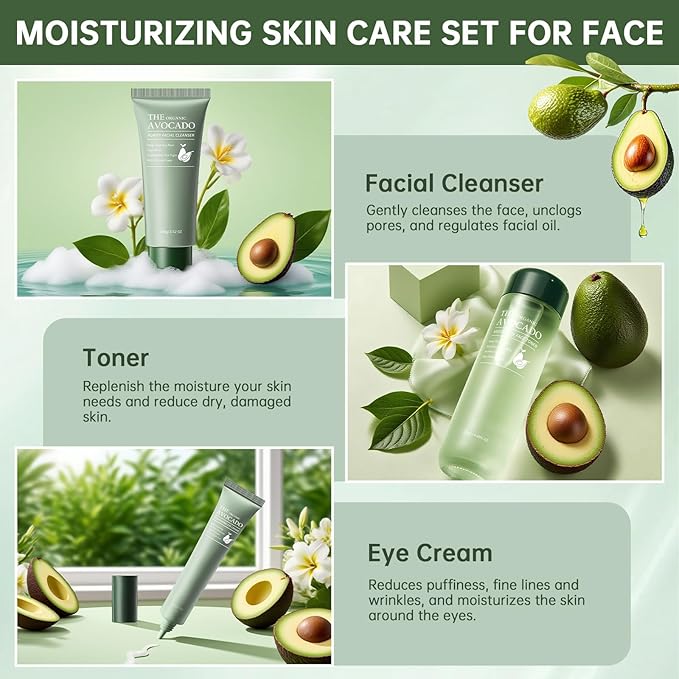 Avocado Skin Care Set, Skincare Gifts Kits For Hydrating Skin, Anti Aging Facial Kit For Women With Facial Cleanser, Toner, Face Serum, Lotion, Face Cream, Eye Cream. (6 Pieces)