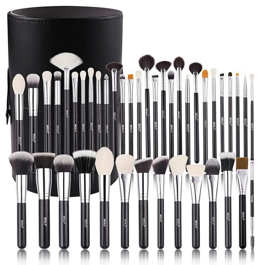 BEILI Makeup Brushes 42pcs Makeup Brush Set Premium Goat Synthetic Hair Kabuki Foundation Blending Brush Face Powder Blush Concealers Eye Shadows Make Up Brushes Kit with Case（Black）