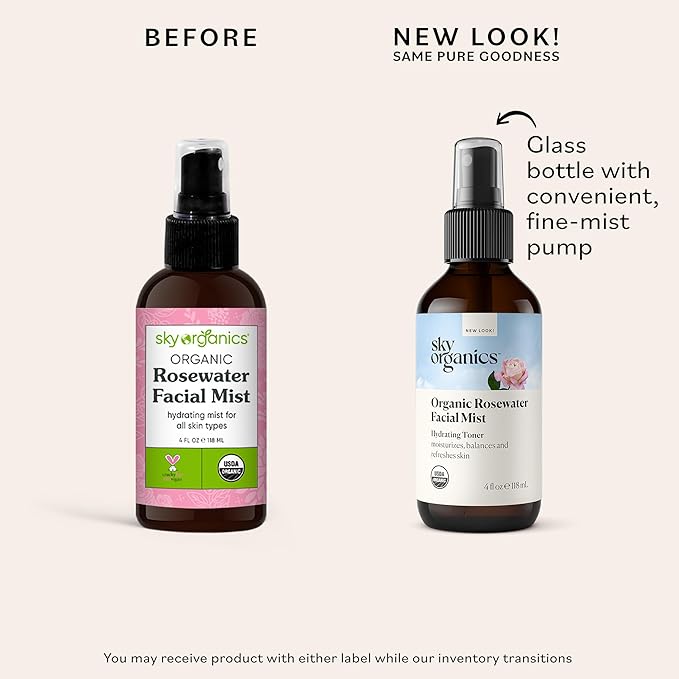 Sky Organics Organic Rosewater Facial Mist for Face, 100% Pure & Steam-Distilled USDA Certified to Hydrate, Balance & Refresh, 4 fl. Oz