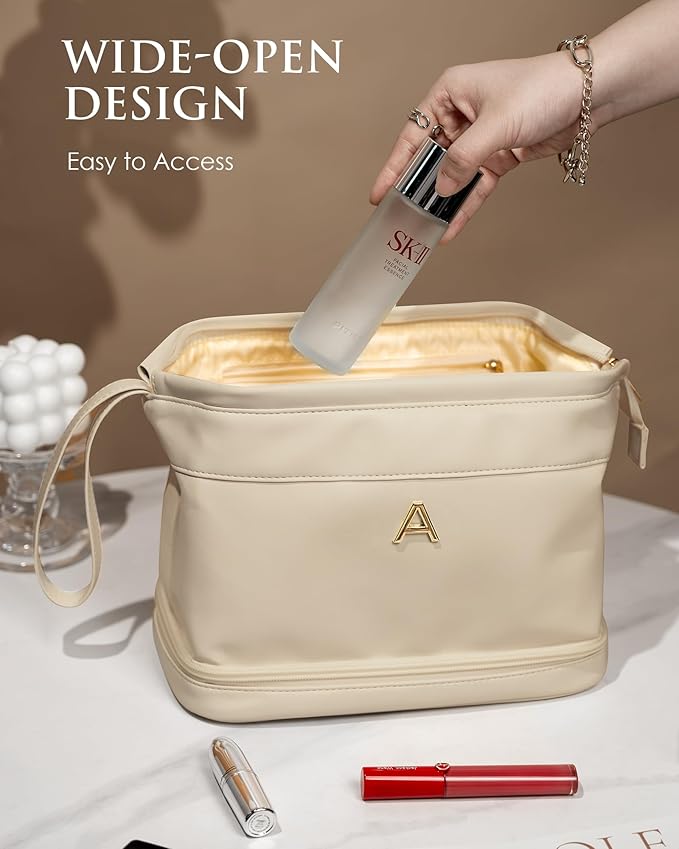 Bridesmaid Gift, Initial Makeup Bags, Personalized Double Layer Cosmetic Bag with Makeup Brush Organizer, Waterproof, Large Capacity PU Leather Travel Toiletry Bag