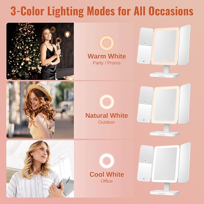 EASEHOLD Lighted Makeup Mirror with 3X Magnification, 3 Color Lights & Touch Sensor - Rechargeable Trifold Vanity Mirror for Travel, Desk, Home Use