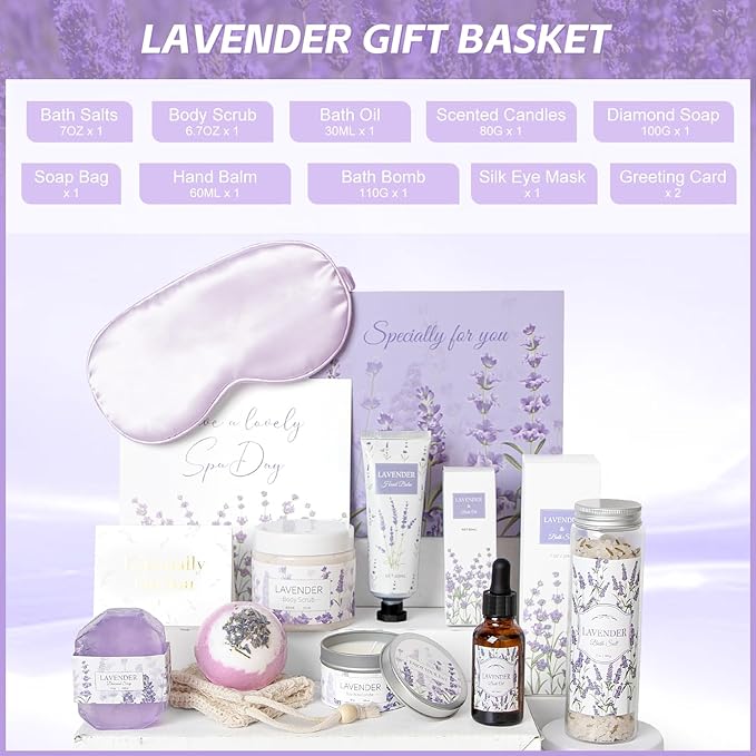 Lavender Spa Gifts Set, 11 Pcs Bath Gift Set for Women, Relaxing Spa Gifts, Home Spa Products, Birthday Gifts for Women Valentine's Day