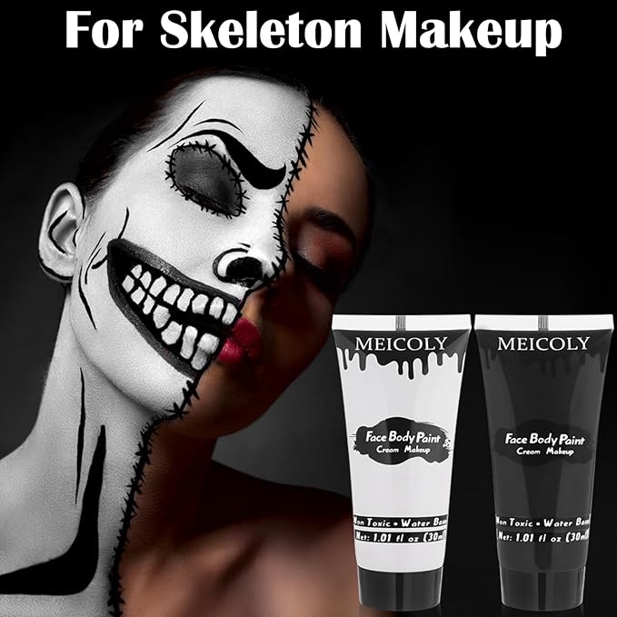 MEICOLY Black White Face Body Paint with Sponges,Water Based Face Paint for Adults Kid,White Face Paint,Face Painting for Clown Makeup,Halloween SFX Skull Zombie Skeleton Mime Goth Makeup Corpse Paint
