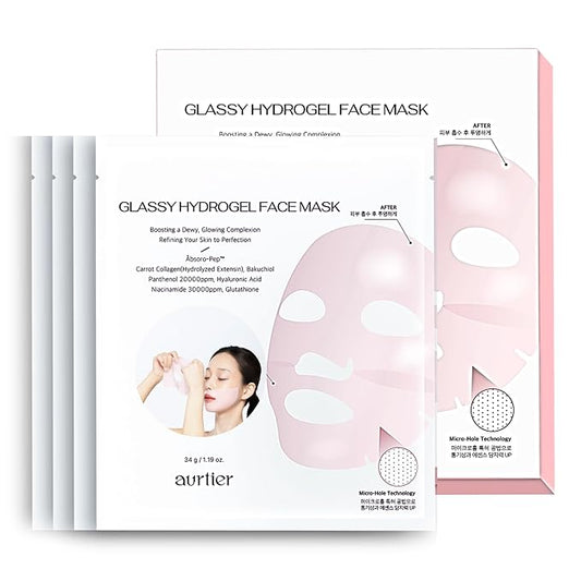 Glassy Hydrogel Face Mask for Glow and Dewy Skin, Deep Hydration, Vegan Collagen, Makeup Prep, Pore Tightening, Firming, Moisturizing, Elasticity, Overnight Korean Skin Care 1.19oz x 4ea