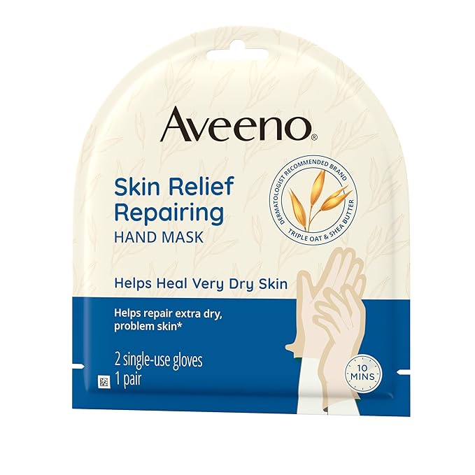Aveeno Skin Relief Repairing Hand Mask, Moisturizing Gloves with Prebiotic Oat & Shea Butter for Very Dry Skin, Hand Care for Sensitive Skin, Fragrance-Free, 1 Pair of Single-Use Gloves