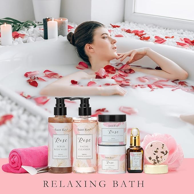 Spa Gifts for Women，10pcs Self Care Kit ROSE Scented with Facial Cleanser, Scrub Body Wash, Facial Clay Mask, Facial, Essential Oil, Birthday Gifts Skin Care Set, Mothers Day Gifts Ideas