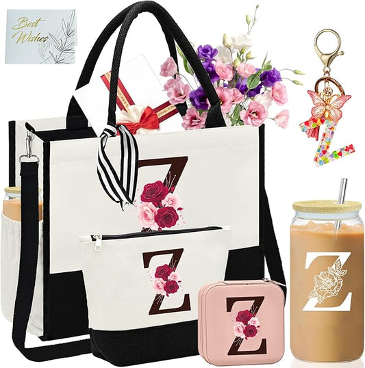 Birthday Gifts for Women,Initial Canvas Tote Bag,Monogrammed Gift for Women,16oz Glass Cup,Makeup Bag with Zipper,Jewelry Organizer Box,Personalized Gifts for Mom-Z