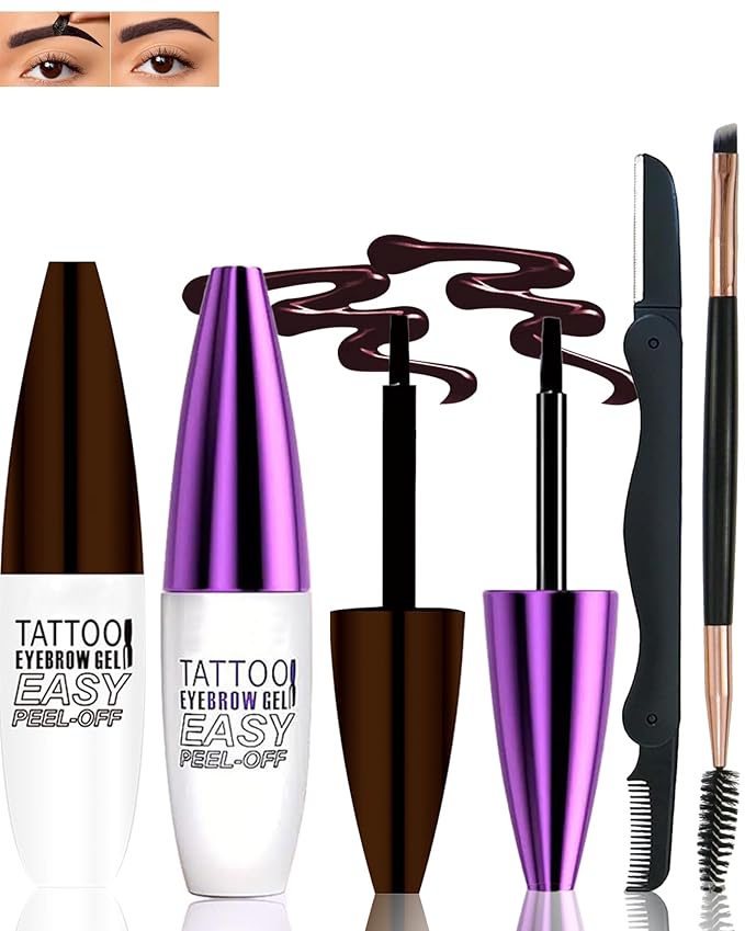 Peel Off Eyebrow Gel Kit,2Pcs Gray Brown Tattoo Eyebrow Tinting Gel Easy Peel Off Tinted Eye Brow,Waterproof Long-lasting Up to 3 Days for Women Natural Brows Defined&Fuller Eyes Makeup Gift Set-03