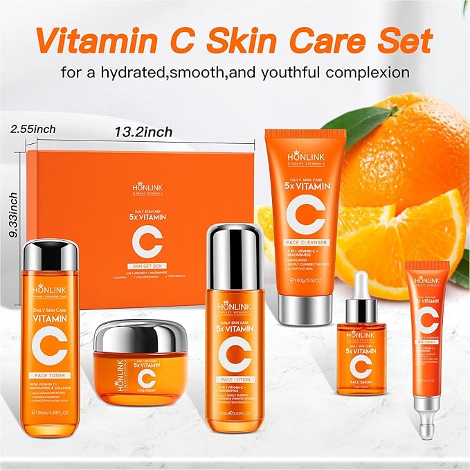 HONKLINK 6-Piece Hydrating Skincare Set with Vitamin C & Niacinamide,Face Care Kit Includes Toner, Faical Serum,Cleanser,Moisturizer, Eye Cream & Body Lotion | Unique Gift for Women