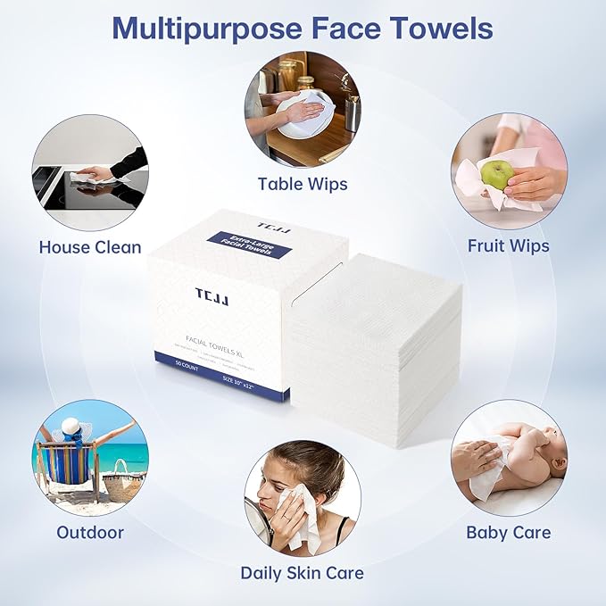 Disposable Face Towels, Clean Towels XL, 100% USDA Biobased Face Towel, Dry Wipes for Women Sensitive Skin Cleansing, Skincare and Makeup Remover, 10"×12" Extra Large Soft Faces Towe, 50 Ct /1 Pack