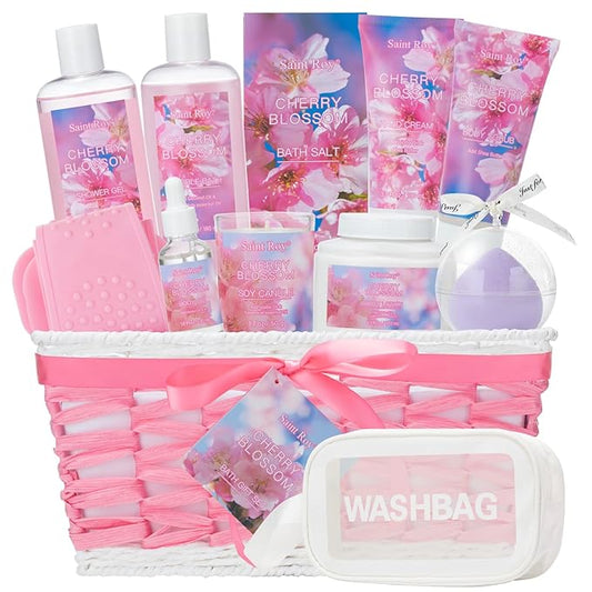 Bath & Body Gift Set, Luxury Home Spa Bath Gift Basket, Cherry Blossom Scented Bath Set, Pamper Gifts for Women & Teens, 12 Pcs Relaxing Home Spa Kit for women Body Kit Birthday Gift teacher's day