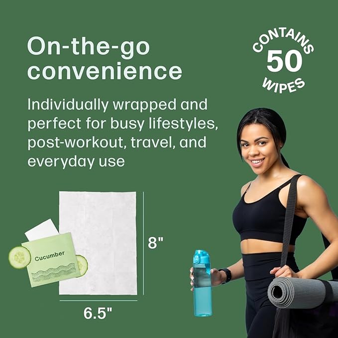 Refresh Deodorant Wipes - 50 Individually Wrapped Wet Wipes for Body, Face, and Armpits - Travel Size Toiletries for Men and Women - Aluminum, Paraben, and Sulfate Free (Cucumber Scent)